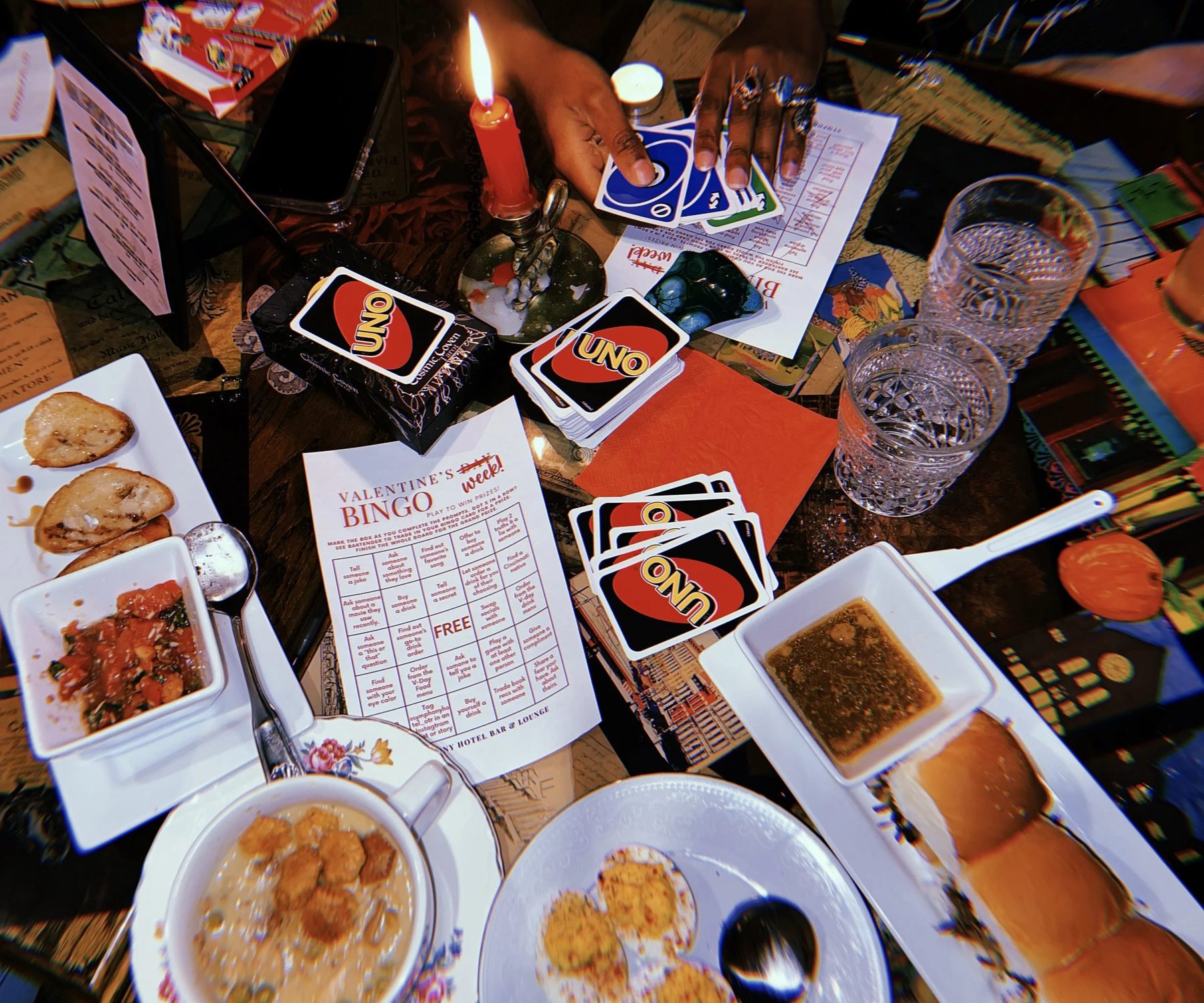Board games and cocktails on a table in the bar